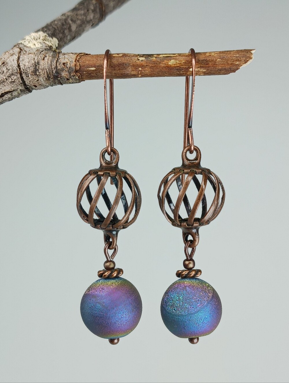 Rainbow Druzy Agate Earrings Copper Moonlit Garden Hand Crafted - Picture 3 of 6